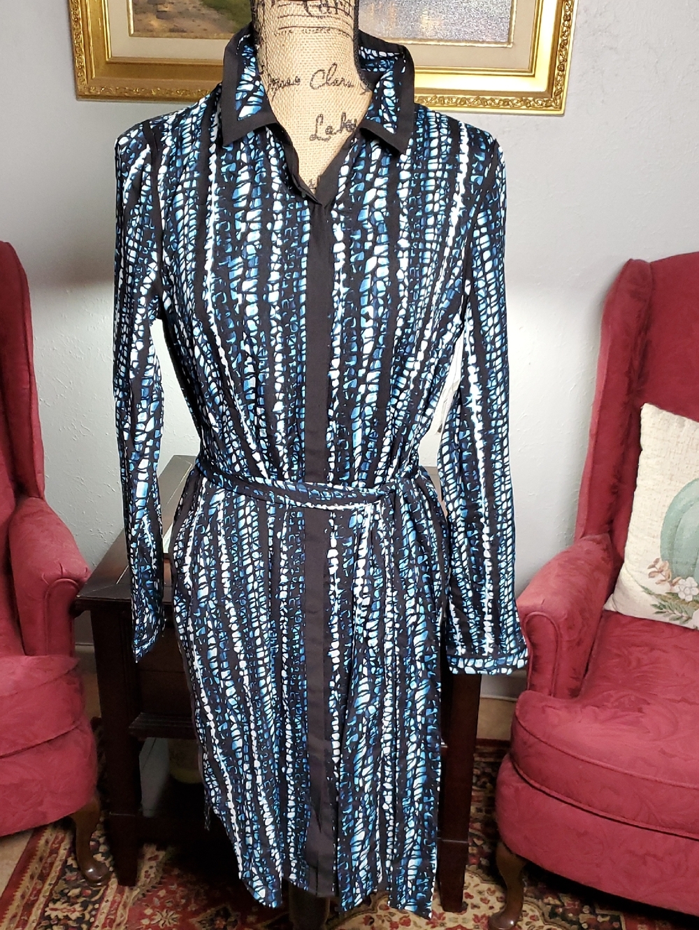 DKNYC Black Lined Shirt Dress with Blue & White Abstract Stripes